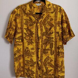 VTG 60s Made In Hawaii Med Aloha Shirt Mustard Tiki Hula Girl Outrigger Camp